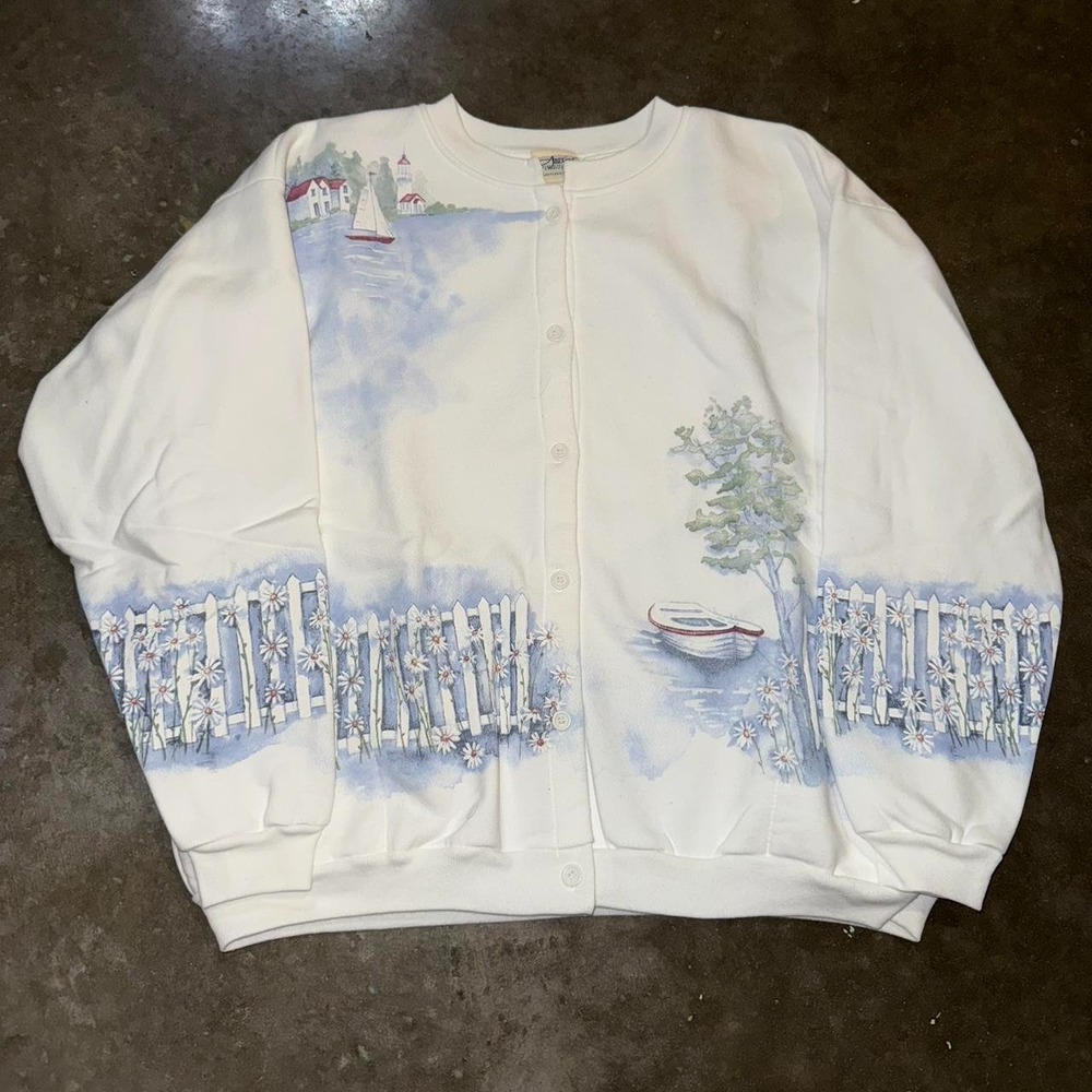 Vintage 90s Artisans Pond Painting Button Up Wraparound Cardigan Sz XL
